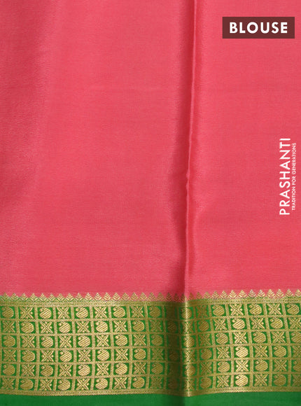 Pure mysore silk saree purple and peach shade green with allover zari stripe weaves and zari woven ganag jamuna border