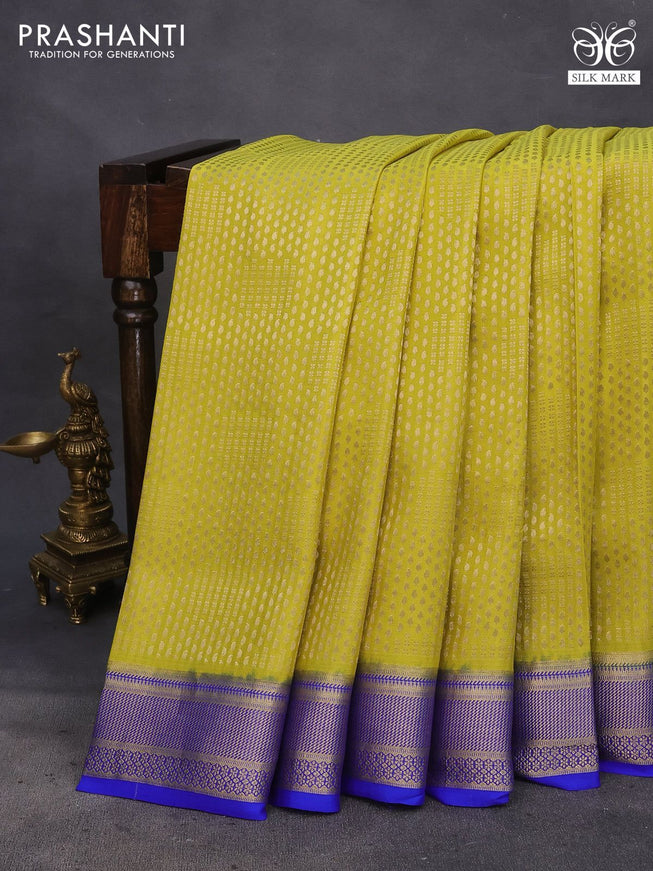 Pure mysore silk saree lime yellow and royal blue with allover zari woven brocade weaves and zari woven border