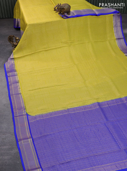 Pure mysore silk saree lime yellow and royal blue with allover zari woven brocade weaves and zari woven border