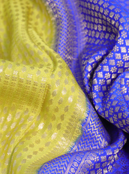 Pure mysore silk saree lime yellow and royal blue with allover zari woven brocade weaves and zari woven border