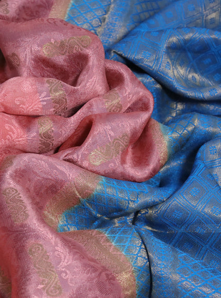 Pure mysore silk saree peach shade and blue with allover self mboss & zari buttas and zari woven border