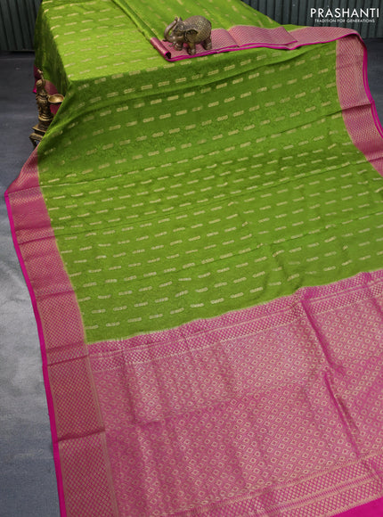 Pure mysore silk saree mehendi green and pink with allover self mboss & zari buttas and zari woven border