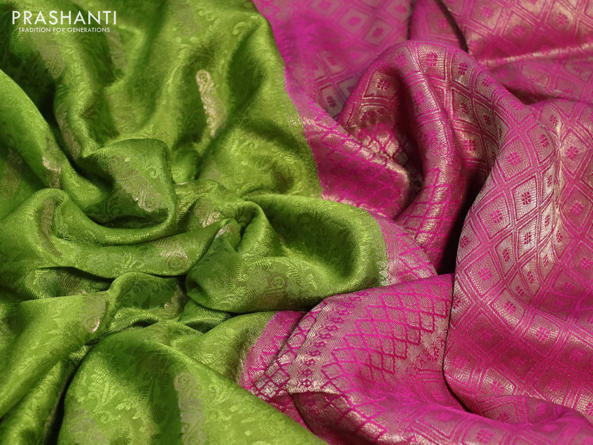 Pure mysore silk saree mehendi green and pink with allover self mboss & zari buttas and zari woven border