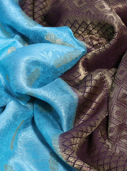 Pure mysore silk saree light blue and wine shade with allover self mboss & zari buttas and zari woven border