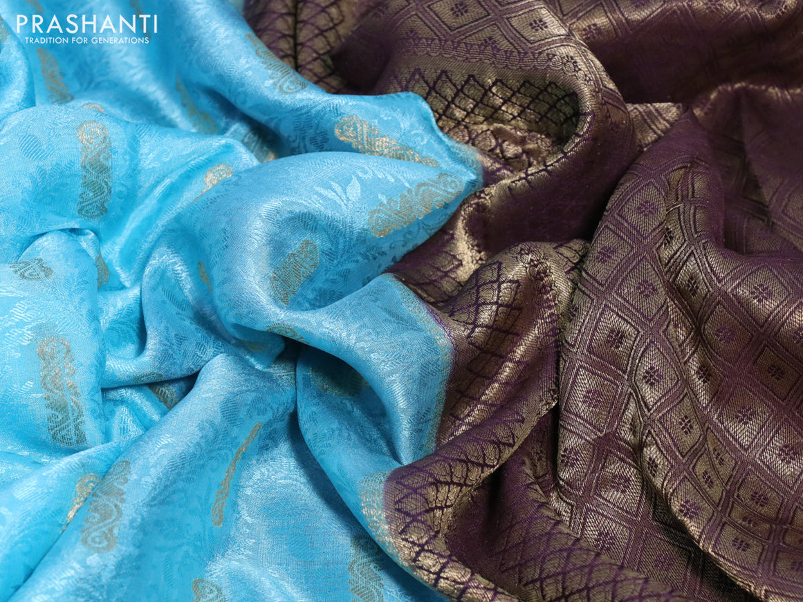 Pure mysore silk saree light blue and wine shade with allover self mboss & zari buttas and zari woven border