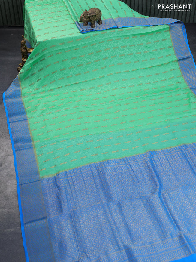 Pure mysore silk saree teal green and cs blue with allover self emboss & zari buttas and zari woven border