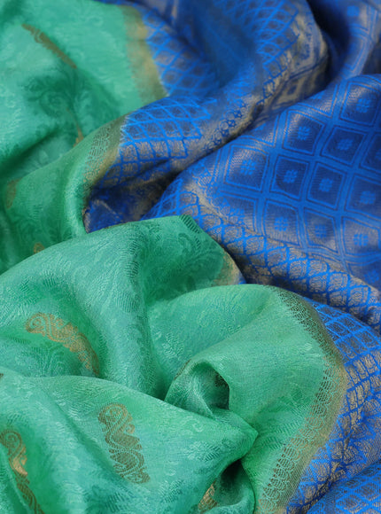 Pure mysore silk saree teal green and cs blue with allover self emboss & zari buttas and zari woven border