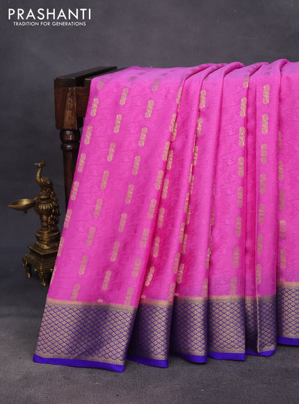 Pure mysore silk saree pink and blue with allover self emboss & zari buttas and zari woven border