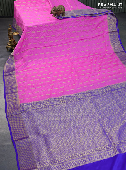 Pure mysore silk saree pink and blue with allover self emboss & zari buttas and zari woven border