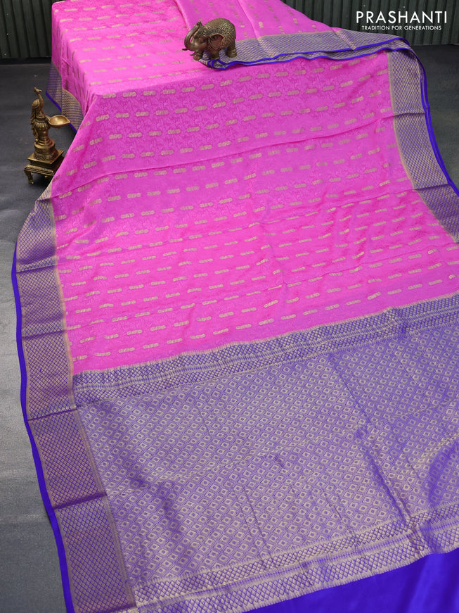 Pure mysore silk saree pink and blue with allover self emboss & zari buttas and zari woven border