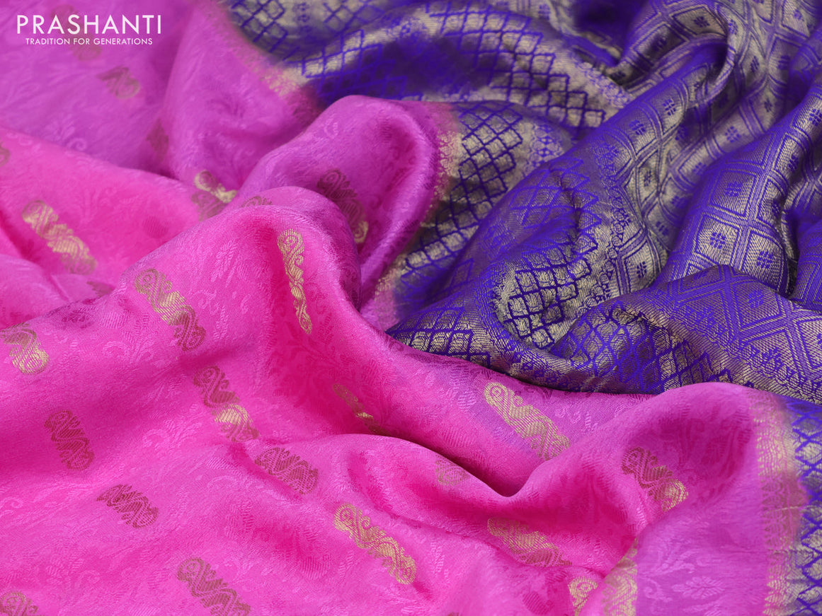 Pure mysore silk saree pink and blue with allover self emboss & zari buttas and zari woven border