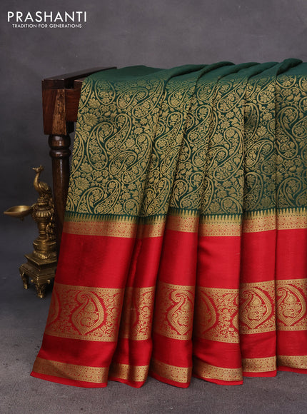 Pure mysore silk saree bottle green and red with allover zari woven brocade weaves and long rettapet zari woven border