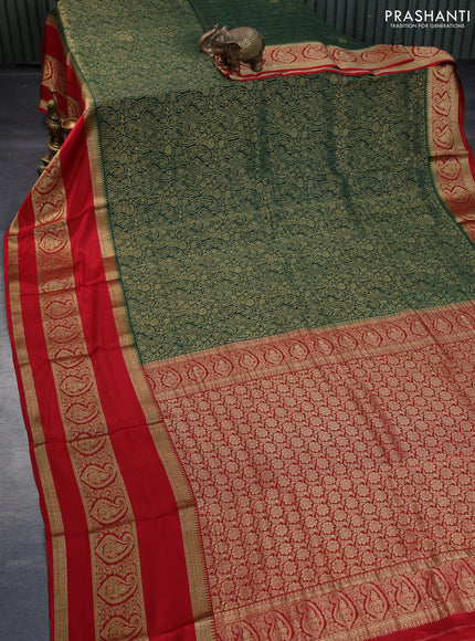 Pure mysore silk saree bottle green and red with allover zari woven brocade weaves and long rettapet zari woven border