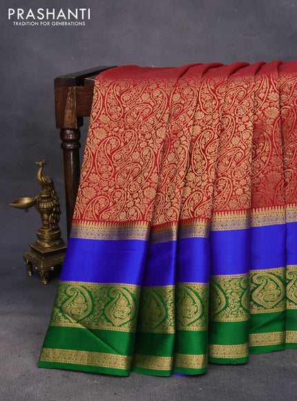 Pure mysore silk saree maroon and green blue with allover zari woven brocade weaves and long rettapet zari woven border