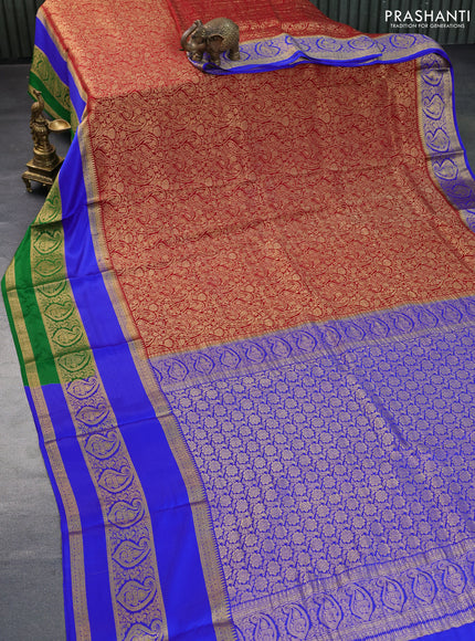 Pure mysore silk saree maroon and green blue with allover zari woven brocade weaves and long rettapet zari woven border