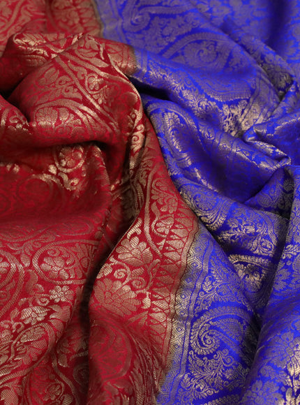 Pure mysore silk saree maroon and green blue with allover zari woven brocade weaves and long rettapet zari woven border