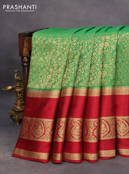 Pure mysore silk saree green and maroon with allover zari woven brocade weaves and long rettapet zari woven border