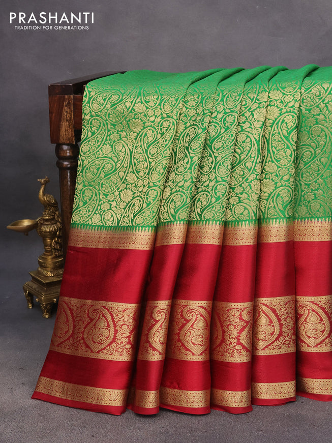 Pure mysore silk saree green and maroon with allover zari woven brocade weaves and long rettapet zari woven border