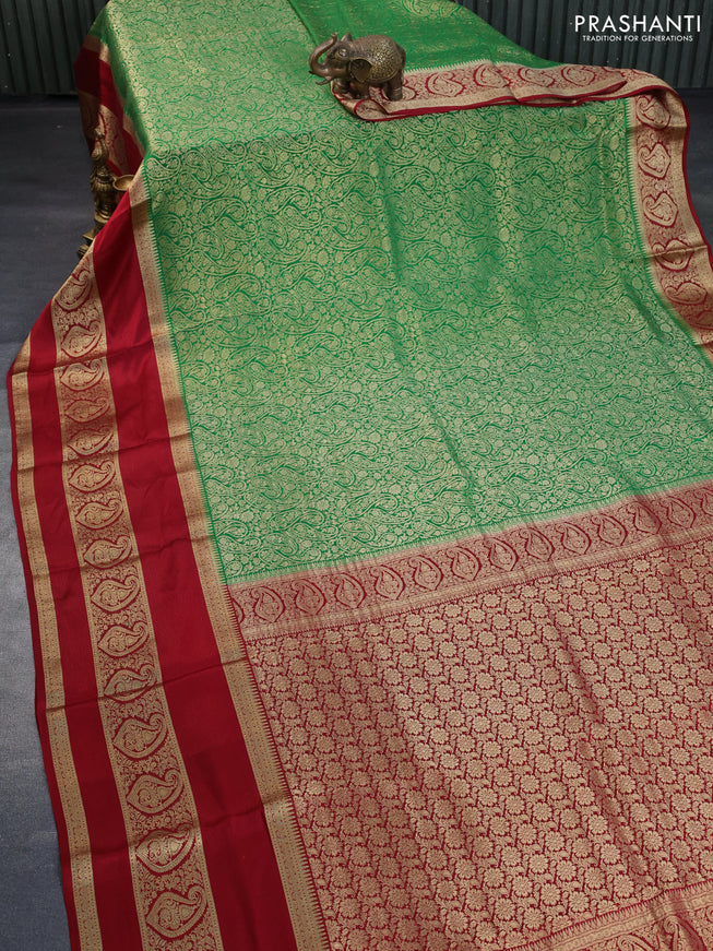 Pure mysore silk saree green and maroon with allover zari woven brocade weaves and long rettapet zari woven border