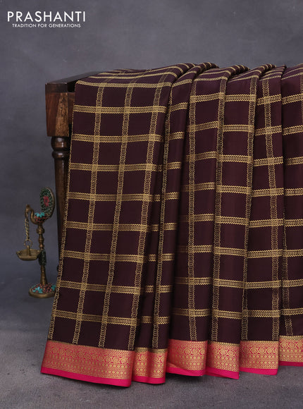 Pure mysore silk saree dark coffee brown and pink with allover zari checked pattern and zari woven border