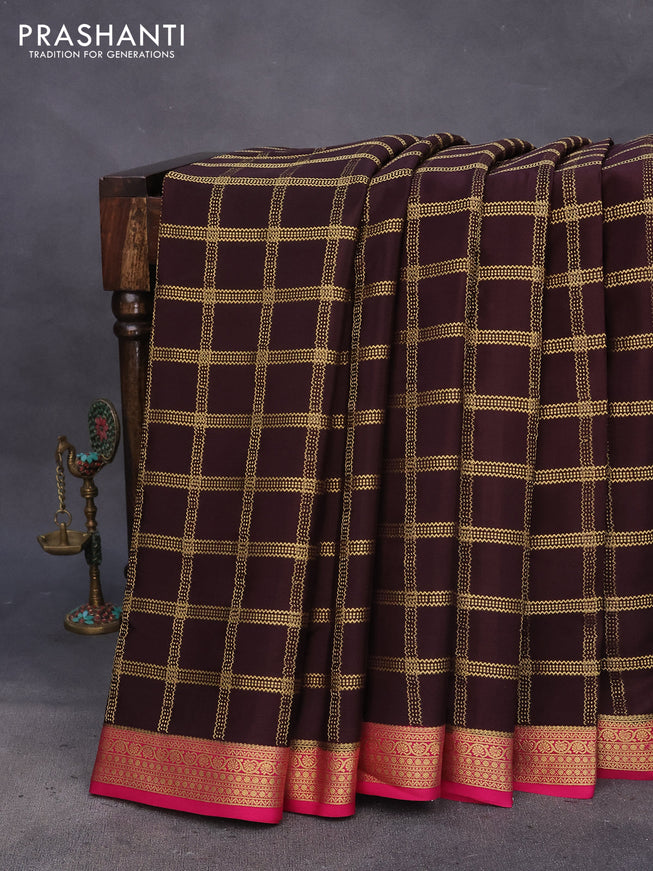 Pure mysore silk saree dark coffee brown and pink with allover zari checked pattern and zari woven border