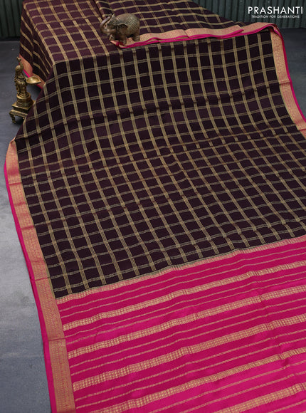 Pure mysore silk saree dark coffee brown and pink with allover zari checked pattern and zari woven border