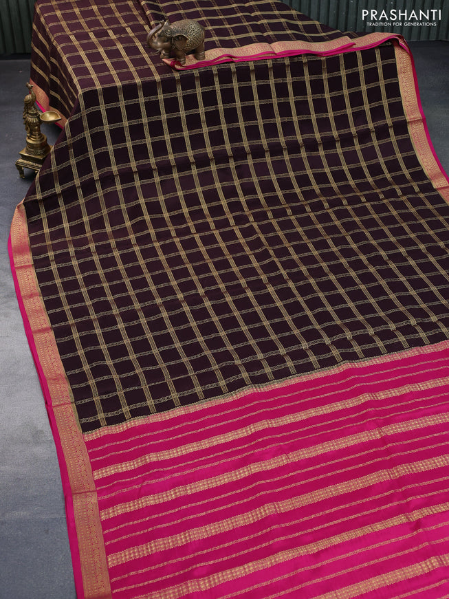 Pure mysore silk saree dark coffee brown and pink with allover zari checked pattern and zari woven border