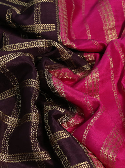 Pure mysore silk saree dark coffee brown and pink with allover zari checked pattern and zari woven border