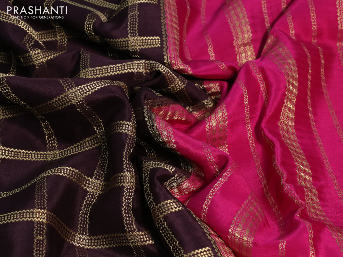 Pure mysore silk saree dark coffee brown and pink with allover zari checked pattern and zari woven border