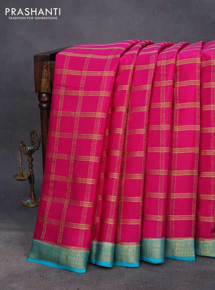 Pure mysore silk saree pink and teal blue with allover zari woven checked pattern and zari woven border