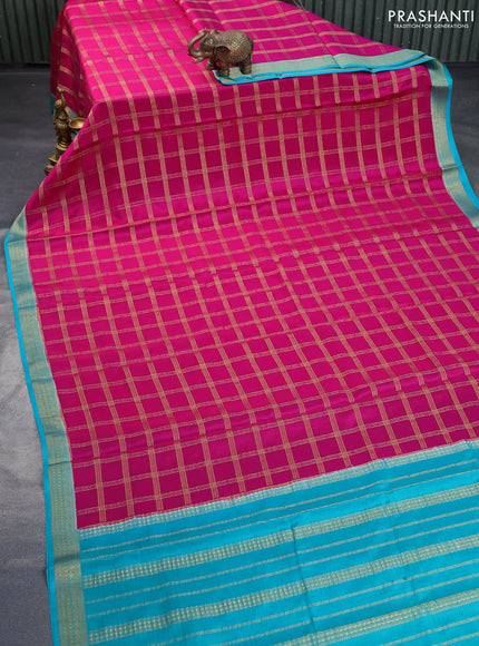 Pure mysore silk saree pink and teal blue with allover zari woven checked pattern and zari woven border