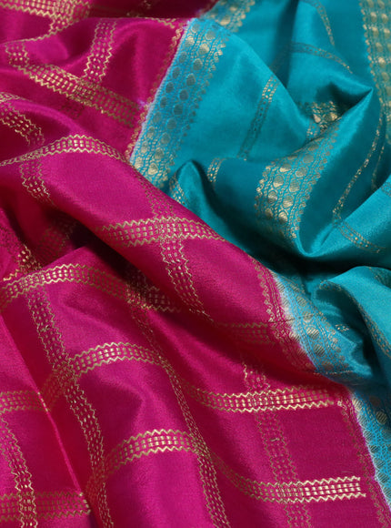 Pure mysore silk saree pink and teal blue with allover zari woven checked pattern and zari woven border