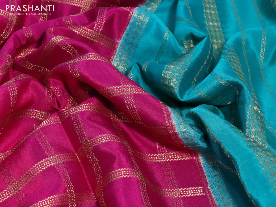 Pure mysore silk saree pink and teal blue with allover zari woven checked pattern and zari woven border