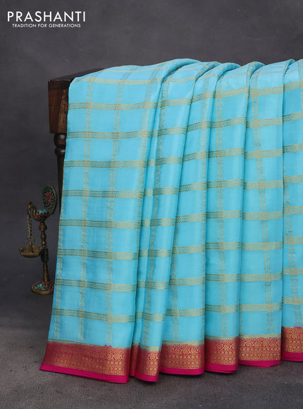 Pure mysore silk saree light blue and pink with allover zari woven checked pattern and zari woven border