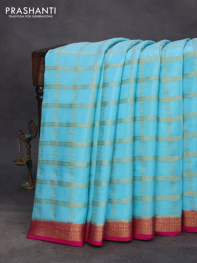 Pure mysore silk saree light blue and pink with allover zari woven checked pattern and zari woven border