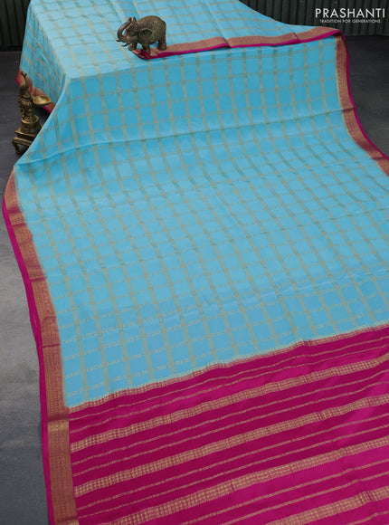 Pure mysore silk saree light blue and pink with allover zari woven checked pattern and zari woven border