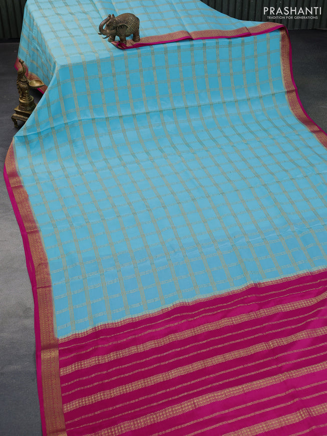 Pure mysore silk saree light blue and pink with allover zari woven checked pattern and zari woven border