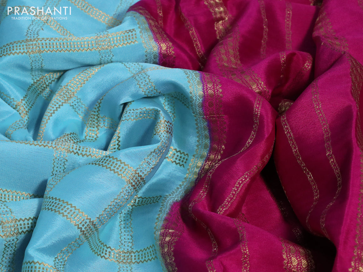 Pure mysore silk saree light blue and pink with allover zari woven checked pattern and zari woven border