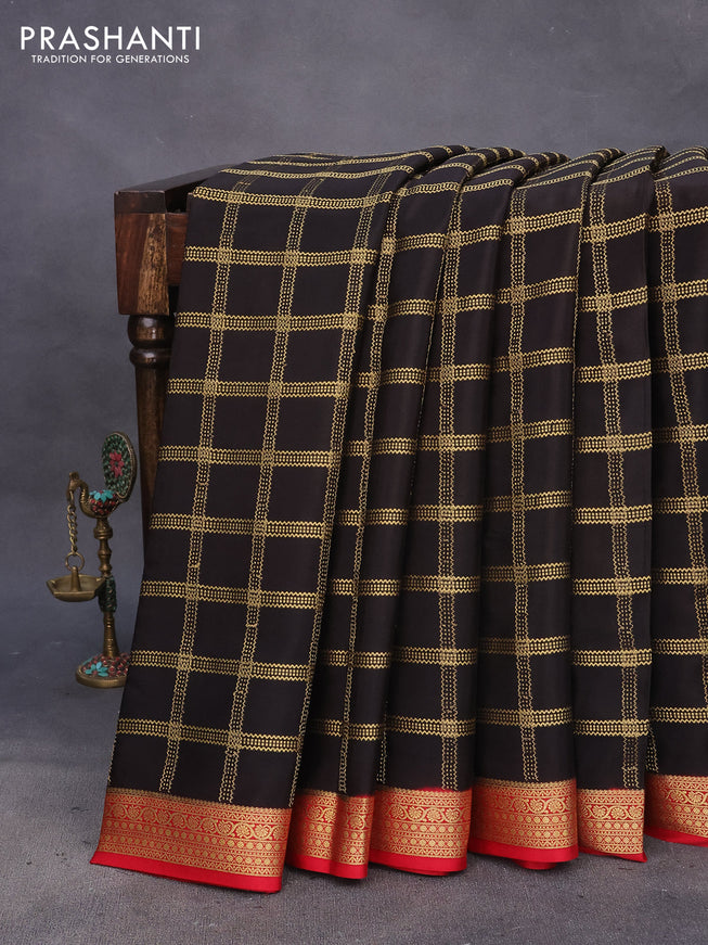 Pure mysore silk saree deep coffee brown and red with allover zari woven checked pattern and zari woven border