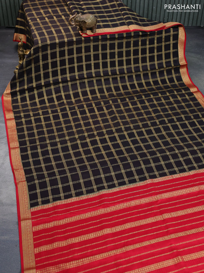 Pure mysore silk saree deep coffee brown and red with allover zari woven checked pattern and zari woven border