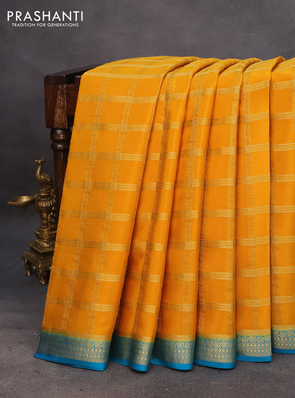 Pure mysore silk saree mustard yellow and teal blue with allover zari woven checked pattern and zari woven border