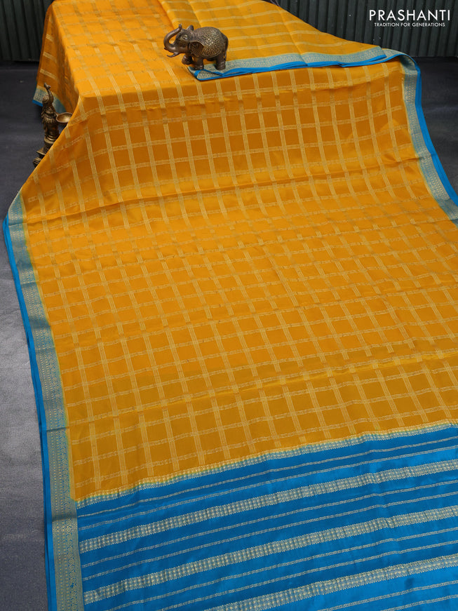 Pure mysore silk saree mustard yellow and teal blue with allover zari woven checked pattern and zari woven border