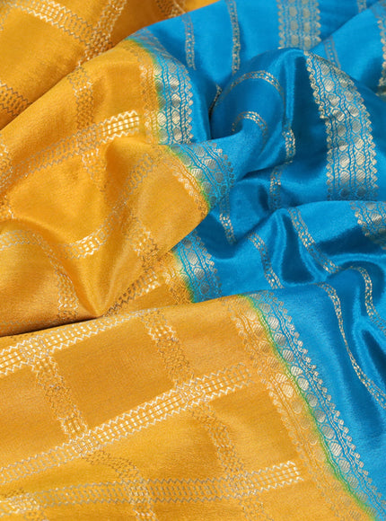 Pure mysore silk saree mustard yellow and teal blue with allover zari woven checked pattern and zari woven border