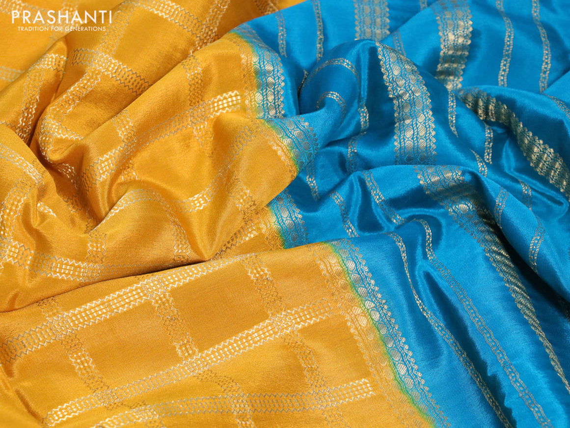 Pure mysore silk saree mustard yellow and teal blue with allover zari woven checked pattern and zari woven border