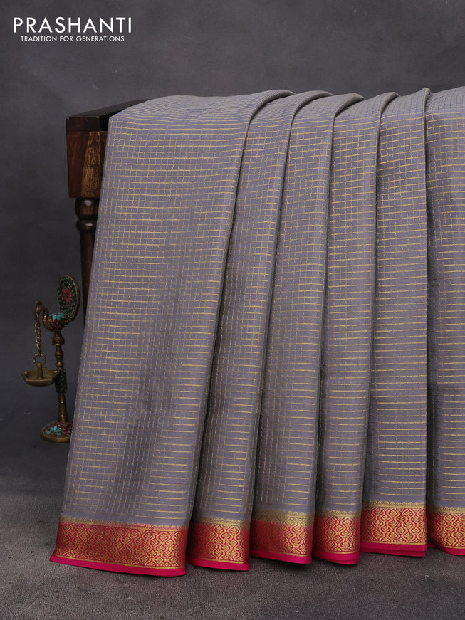 Pure mysore silk saree grey and pink with allover zari woven checked pattern and zari woven border