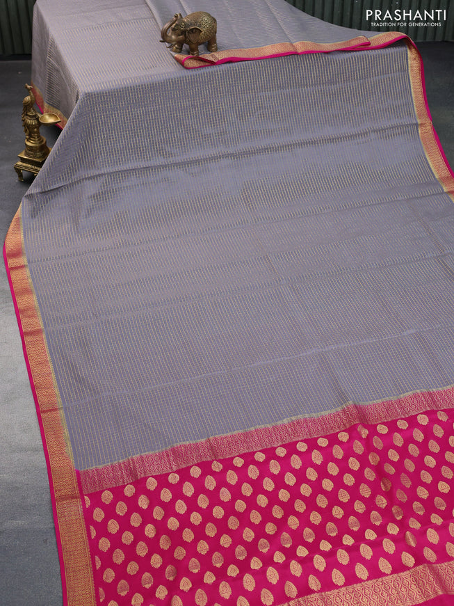 Pure mysore silk saree grey and pink with allover zari woven checked pattern and zari woven border