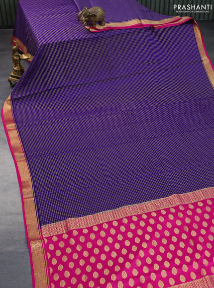 Pure mysore silk saree blue and pink with allover zari woven checked pattern and zari woven border