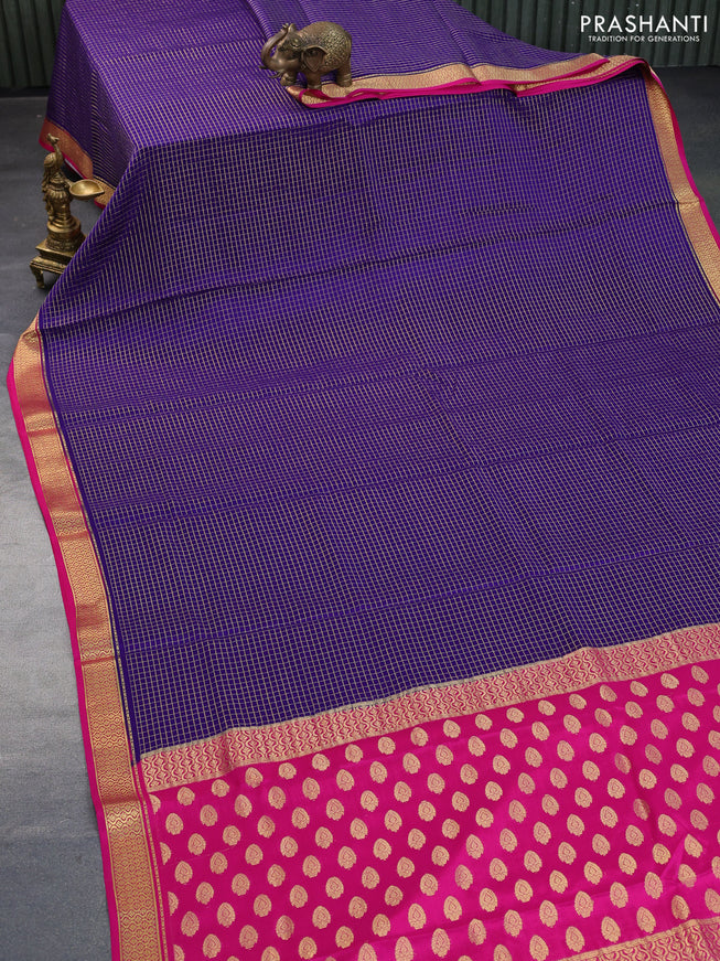 Pure mysore silk saree blue and pink with allover zari woven checked pattern and zari woven border