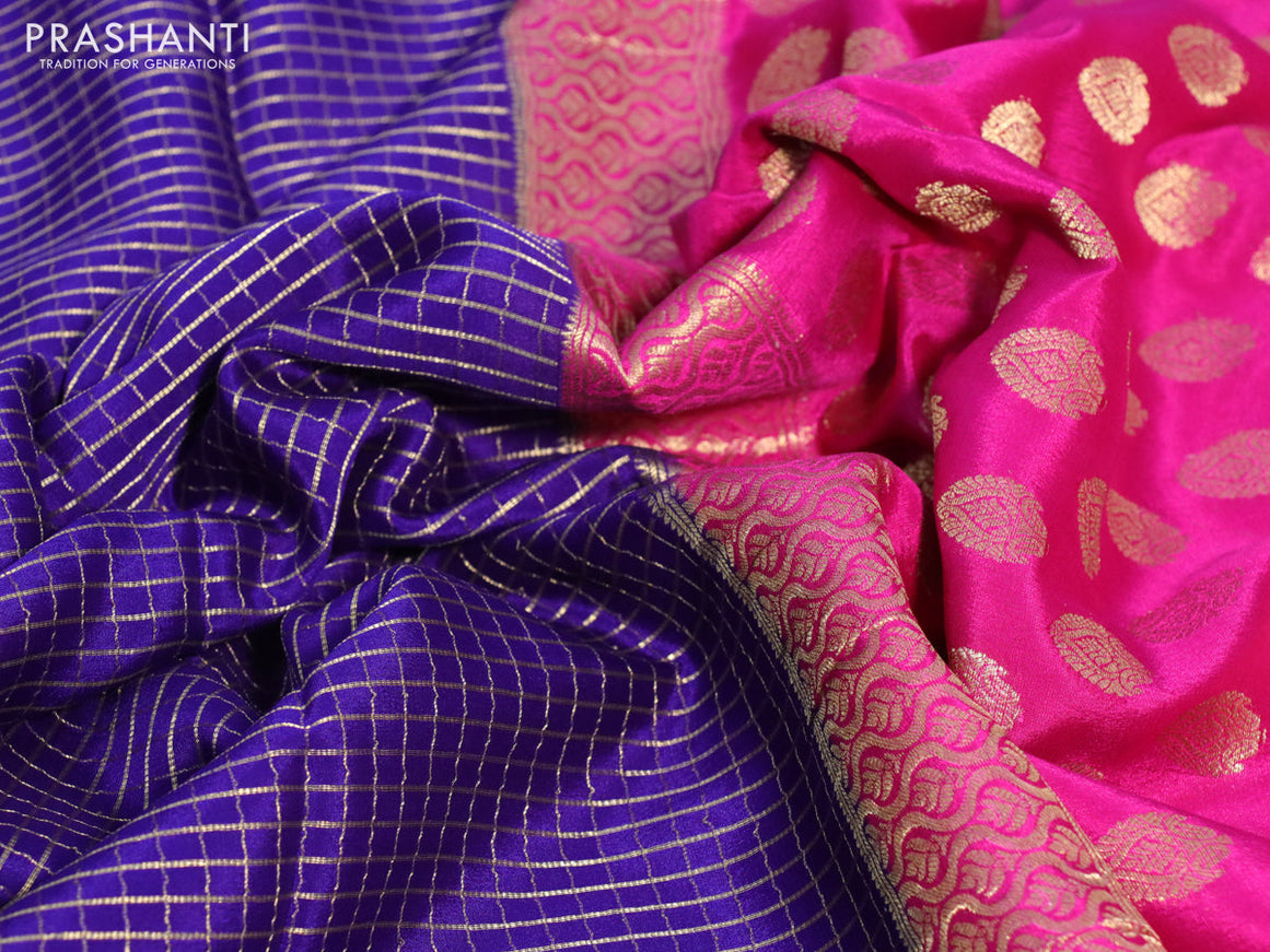 Pure mysore silk saree blue and pink with allover zari woven checked pattern and zari woven border