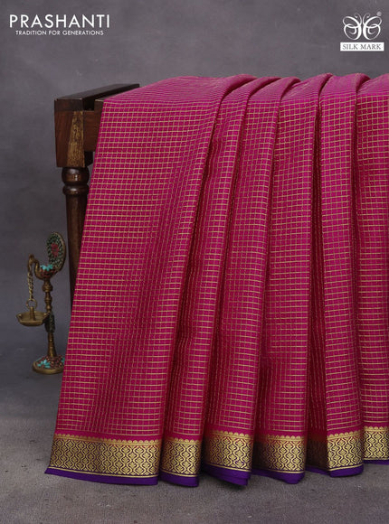 Pure mysore silk saree pink and violet with allover zari woven checked pattern and zari woven border